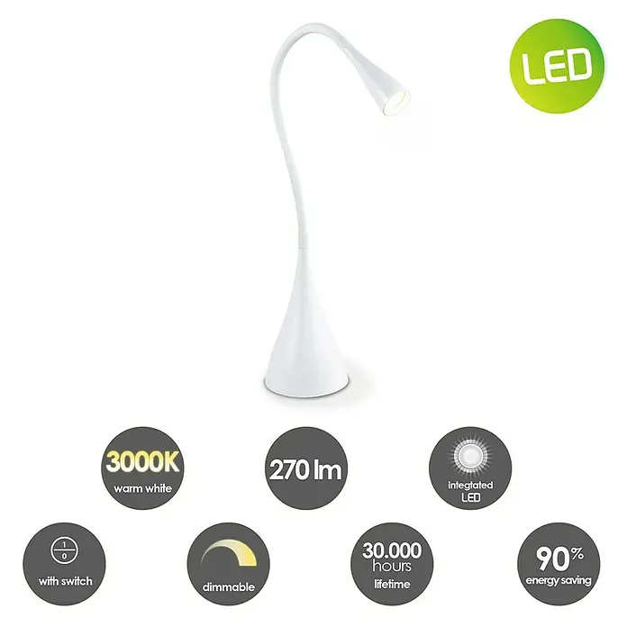 LED-Tischleuchte Flex - 3,5 W, L x B x H: 11 x 11 x 48,5 cm, Weiß, Warmweiß - Bild einer weißen LED-Schreibtischlampe mit technischen Daten wie 3000K, 270 lm und 30.000 Stunden Lebensdauer.