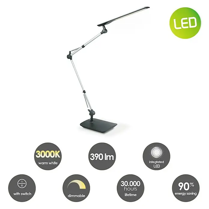 LED-Tischleuchte - 5 W, L x B x H: 21 x 21 x 49 cm, Silber/Schwarz, Warmweiß - Modernes LED-Design: Diese Schreibtischleuchte ist dimmbar, hat einen Schalter und eine Lebensdauer von 30.000 Stunden bei 90% Energieeinsparung.