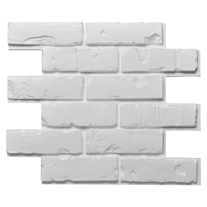 Decosa Masilla de poliestireno placa Ladrillo - 50 x 2,5 x 59,5 cm - Esta imagen muestra un primer plano de paneles de ladrillo blanco, que proporciona una estética rústica y moderna para la decoración de paredes.