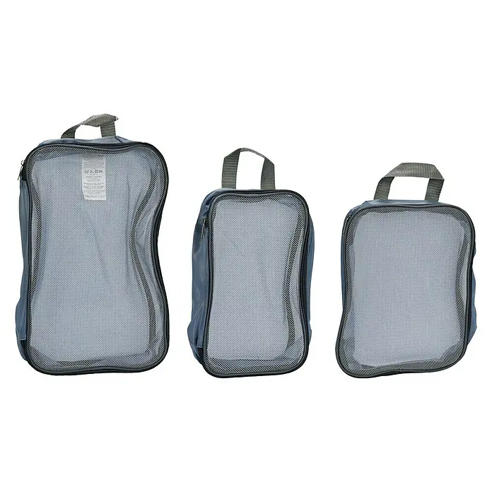 Organizador de viaje - 3 pzs., Poliéster, Gris - Tres organizadores de equipaje de malla gris con cremallera y asa de transporte. Ideales para el equipaje de viaje.