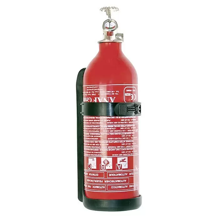 Extintor de incendios - 6 kg, Polvo - Extintor automático rojo con manómetro y soporte de montaje negro.