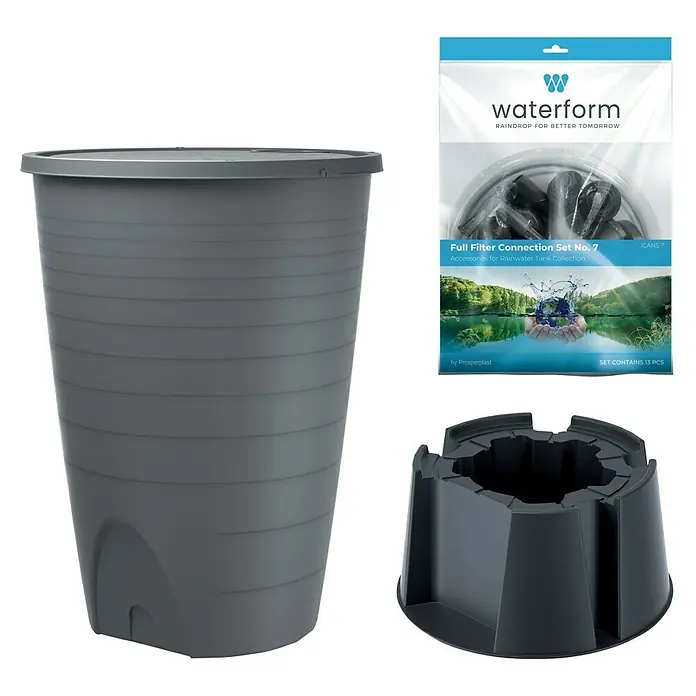 Regentonne Peruno Set - 260 l, Grau - Produktbild: Graue Regentonne mit Zubehörset und passendem Untergestell für die einfache Installation und Nutzung im Garten.