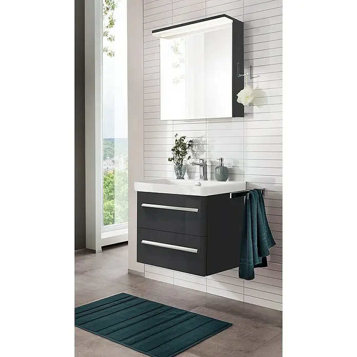 Badmöbel-Set MO60G3RE - Gesamtbreite Badmöbel: 60 cm, Grafit, Hochglänzend, DIN Anschlag: Rechts - Modernes Badezimmer-Waschbecken mit Spiegel und Unterschrank in Anthrazit. Praktisches und stilvolles Design für jedes Badezimmer.