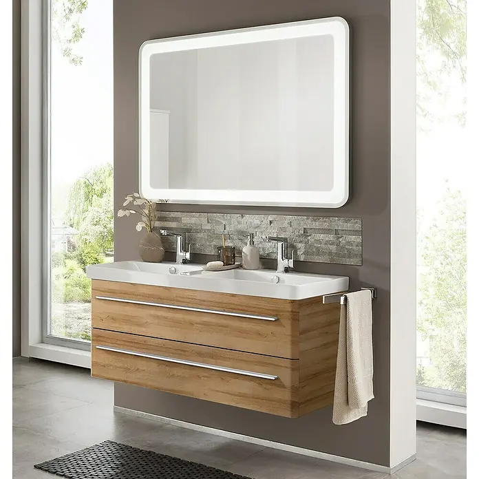 Camargue Modern 3.0 Badmöbel-Set MO12B2 - Gesamtbreite Badmöbel: 120 cm, Berg Eiche, Matt, 3 -tlg. - Modernes Badezimmer-Waschbecken mit Holzunterschrank, Doppelwaschtisch und beleuchtetem Spiegel für ein stilvolles Ambiente.