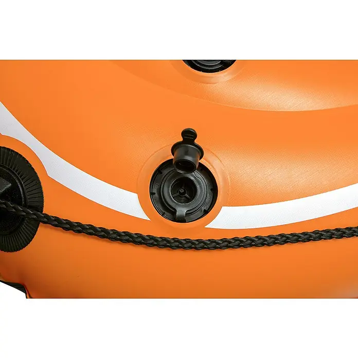 Bestway Hydro Force Bote hinchable Kondor 2000-61100 - L x An x Al: 1,88 m x 98 cm x 30 cm, Apto para: 2 personas, Carga útil: 120 kg - Primer plano de un bote inflable naranja con detalles en negro, destacando su construcción duradera y su diseño.