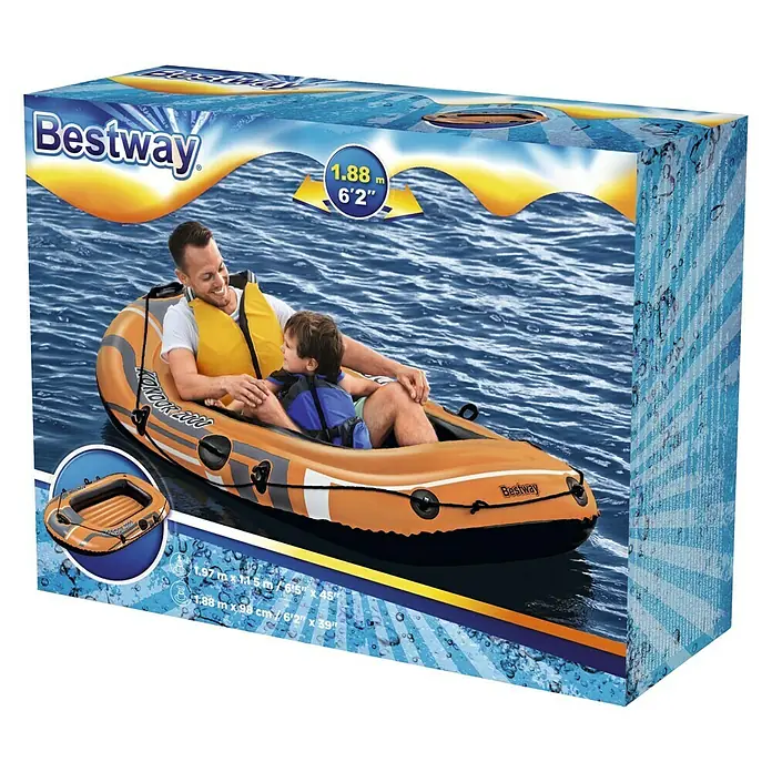 Bestway Hydro Force Bote hinchable Kondor 2000-61100 - L x An x Al: 1,88 m x 98 cm x 30 cm, Apto para: 2 personas, Carga útil: 120 kg - Paquete del bote inflable Bestway Kondor 2000, con un padre y un hijo en el agua.