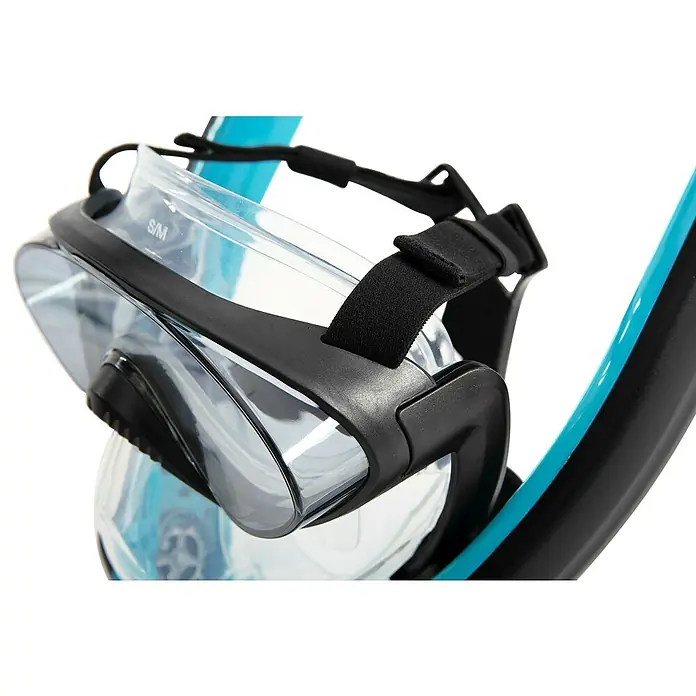 Bestway Máscara de Snorkel SeaClear - L/XL, Plástico, Azul/Negro - Primer plano de una máscara de buceo con esnórquel, mostrando el diseño claro y la alta calidad de fabricación.