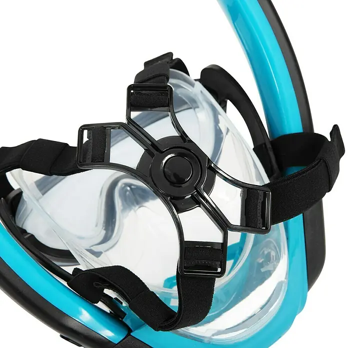 Bestway Máscara de Snorkel SeaClear - L/XL, Plástico, Azul/Negro - Primer plano de una máscara de snorkel azul con correas negras y una visera transparente, ideal para aventuras y exploración submarinas.