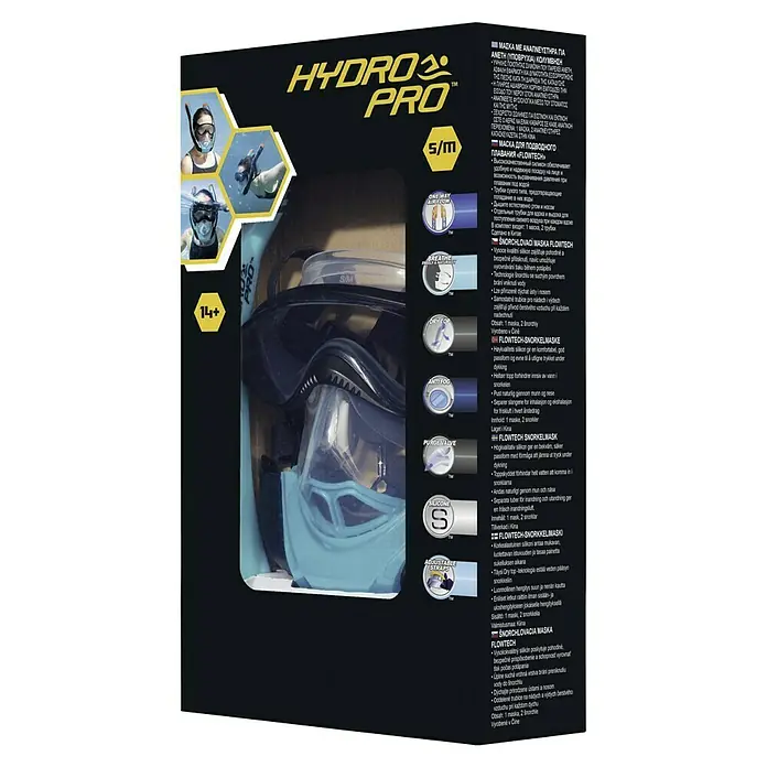 Bestway Máscara de Snorkel SeaClear - L/XL, Plástico, Azul/Negro - Máscara de snorkel Hydro Pro en negro y verde azulado, talla S/M, con varias características del producto resaltadas.