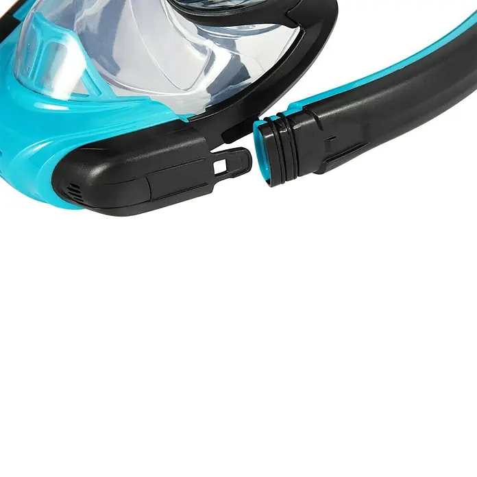 Bestway Máscara de Snorkel SeaClear - L/XL, Plástico, Azul/Negro - Primer plano de una máscara de snorkel turquesa y negra con tubo desmontable, que asegura una visión clara bajo el agua.