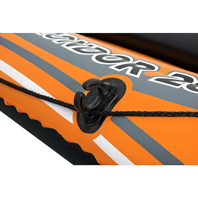 Bestway Hydro Force Bote hinchable Kondor 2000-61100 - L x An x Al: 1,88 m x 98 cm x 30 cm, Apto para: 2 personas, Carga útil: 120 kg - Vista detallada de un kayak naranja con cordón negro y soporte de plástico.