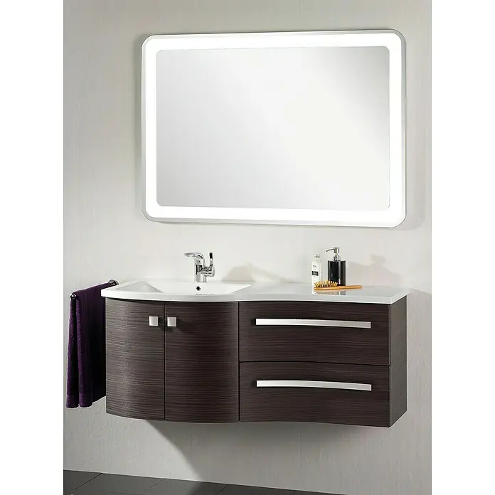 Badmöbel-Set WAV12D2 - Gesamtbreite Badmöbel: 120 cm, Dark Oak, Matt, DIN Anschlag: Links - Modernes Badezimmer-Waschbecken mit Holzunterschrank und beleuchtetem Spiegel für ein stilvolles Ambiente.