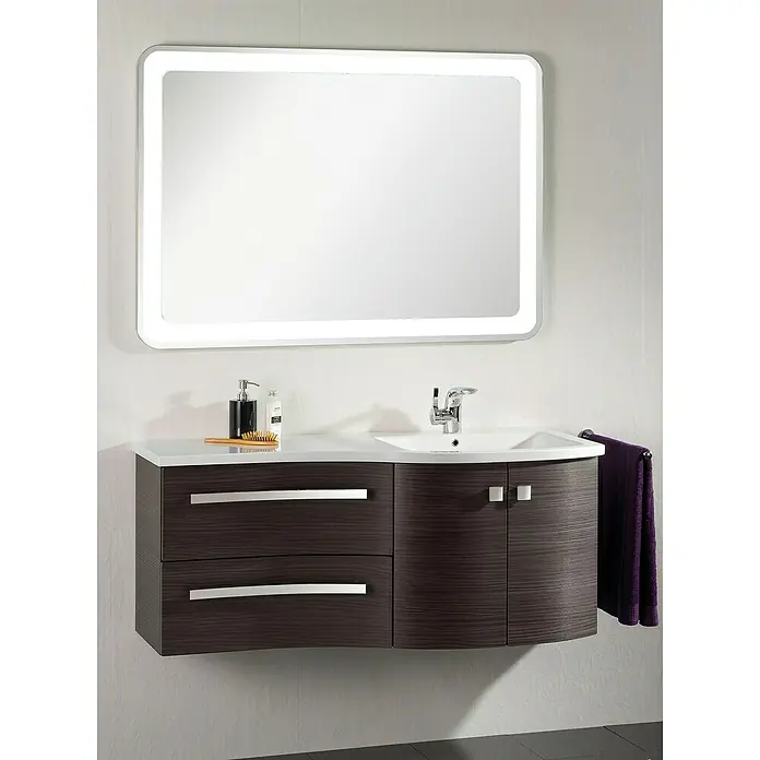 Badmöbel-Set WAV12D2RE - Gesamtbreite Badmöbel: 120 cm, Dark Oak, Matt, DIN Anschlag: Rechts - Das moderne Badezimmer-Waschtisch-Set mit einem beleuchteten Spiegel und einem Unterschrank mit Schubladen und Türen in Holzoptik.