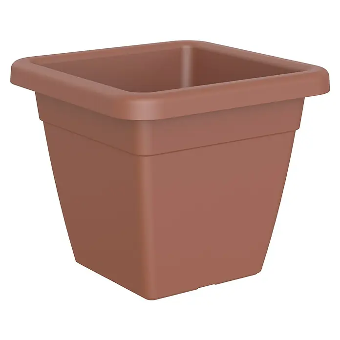 Artevasi Venezia Pflanzkasten - Außenmaß (L x B x H): 39,2 x 39,2 x 33,8 cm, Kunststoff, Terracotta - Nahaufnahme eines quadratischen, braunen Kunststoff-Blumentopfes mit breitem Rand, ideal für Innen- und Außenbereiche.