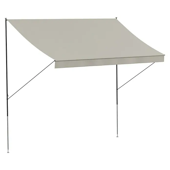Angerer Klemmmarkise Style - Beige, Breite: 3 m, Ausfall: 1,5 m - Das Bild zeigt eine Markise mit grauer Abdeckung und einem stabilen Metallrahmen, ideal für den Schutz vor Sonne und leichtem Regen.