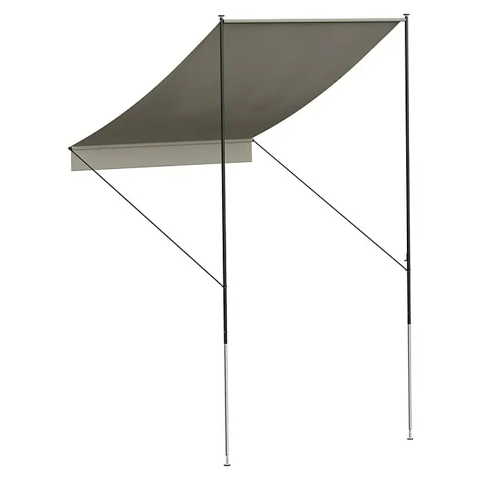 Angerer Klemmmarkise Style - Beige, Breite: 1,5 m, Ausfall: 1,5 m - Eine Markise mit stabilen Stützen und einem grauen Stoffdach bietet Schatten und Schutz im Außenbereich. Ideal für Garten oder Terrasse.