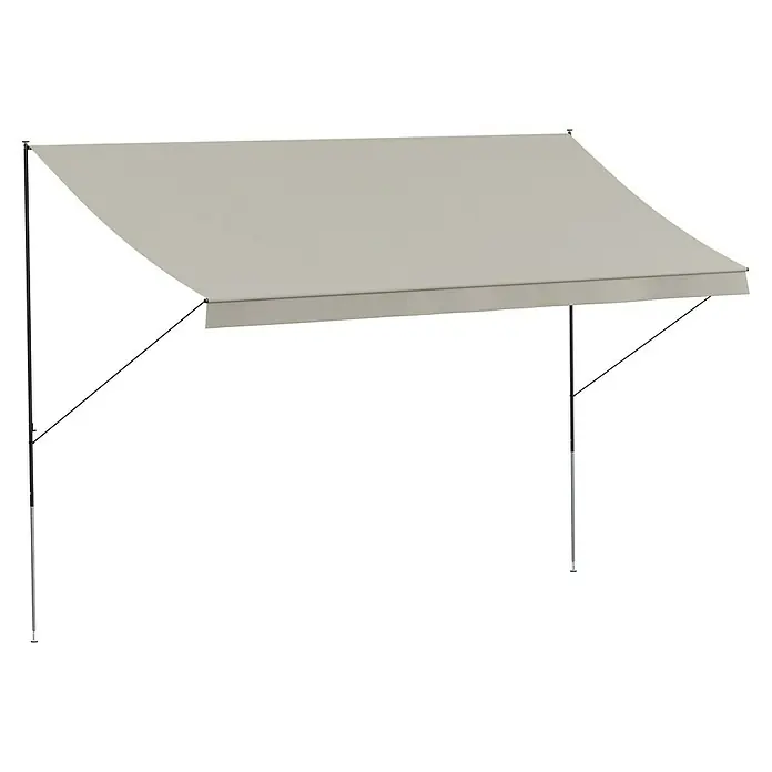 Angerer Klemmmarkise Style - Beige, Breite: 4 m, Ausfall: 1,5 m - Bild einer modernen Markise mit grauem Stoff und schlankem, dunklem Metallgestell für den Außenbereich.