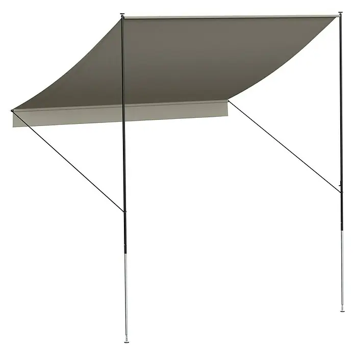 Angerer Klemmmarkise Style - Beige, Breite: 2,5 m, Ausfall: 1,5 m - Bild einer Markise mit verstellbaren Stützstangen für zusätzlichen Schatten im Freien.