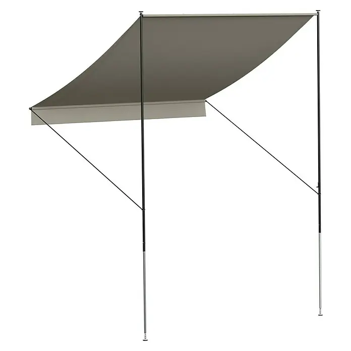 Angerer Klemmmarkise Style - Beige, Breite: 2 m, Ausfall: 1,5 m - Das Bild zeigt eine ausfahrbare Markise mit grauem Stoff und einem stabilen Rahmen für Schatten im Außenbereich.