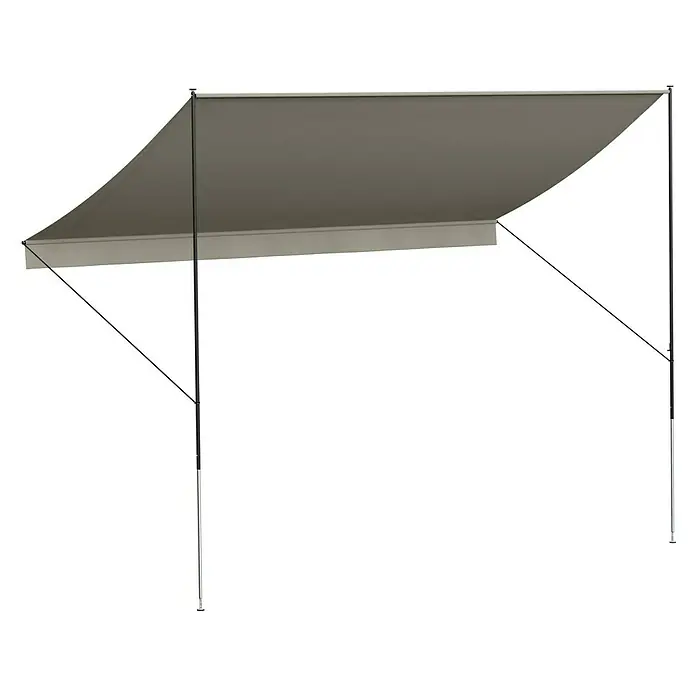 Angerer Klemmmarkise Style - Beige, Breite: 3,5 m, Ausfall: 1,5 m - Hier ist eine graue Markise. Sie hat ein modernes Design und ist perfekt für den Einsatz im Freien, um Schatten zu spenden.