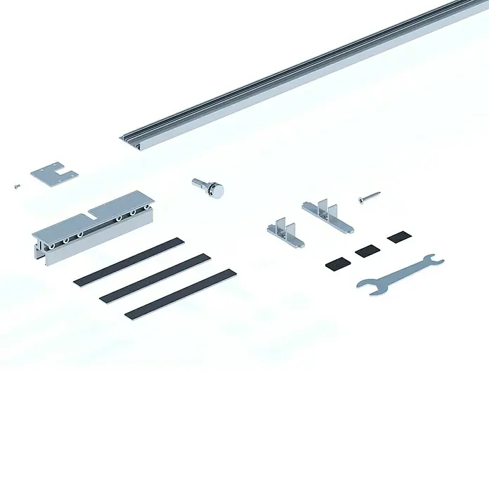 Knauf Klemmbacken Pocket Kit - Belastbarkeit pro Tür: 120 kg, Passend für: Glastürblätter mit Glasdicken 8/10/12 mm VSG/ESG - Verschiedene Installationsmaterialien für eine Duschkabine, inklusive Schiene, Halterungen und Werkzeug zur Montage.