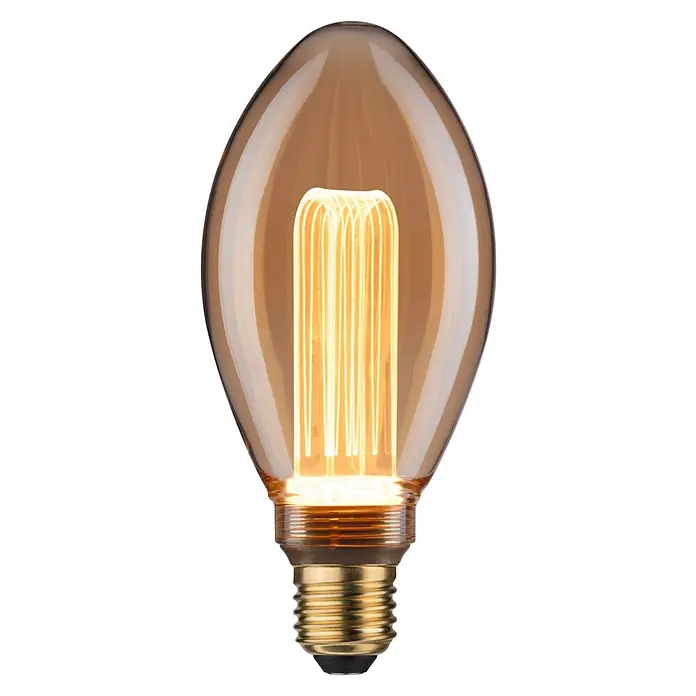 Paulmann Inner Glow LED-Lampe Vintage Glühlampenform E27 - E27, Nicht Dimmbar, Gelb, 160 lm, 3,5 W, Kerze, Farbe: Gold - Nahaufnahme einer dekorativen Glühbirne mit warmweißem Licht und Vintage-Look, ideal für stimmungsvolle Beleuchtung.