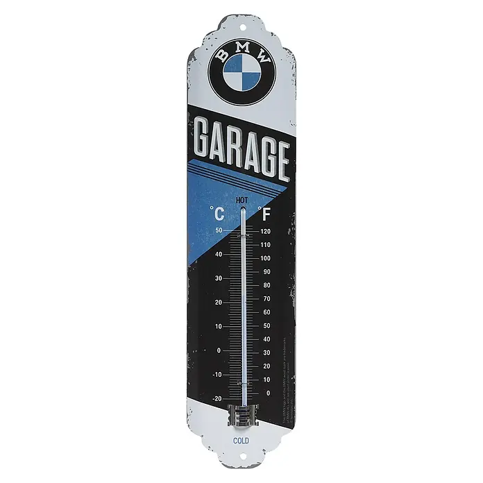Thermometer Nostalgic BMW-Garage - Analog, Blau - BMW Garagen-Thermometer im Vintage-Stil. Zeigt Temperatur in Celsius und Fahrenheit an, mit dem BMW Logo und dem Schriftzug "Garage".