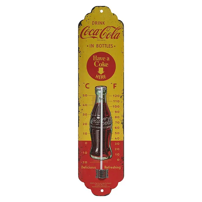 Thermometer Nostalgic Coca-Cola Bottles - Analog, Gelb/Rot - Vintage Coca-Cola Thermometer im Retro-Design. Ideal für Sammler und Liebhaber klassischer Werbung mit nostalgischem Charme.