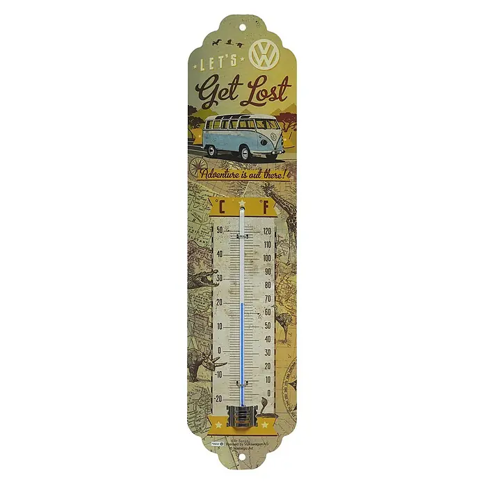 Thermometer Nostalgic - VW-Bulli - Analog, Gelb - Ein Thermometer mit dem Aufdruck "Let's Get Lost" und einem VW-Bus-Motiv, ideal für Reiseliebhaber und VW-Fans.