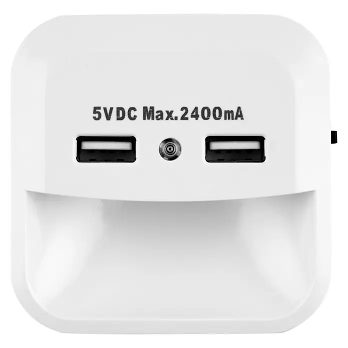REV LED-Nachtlicht mit USB-LADEGERÄT - L x B x H: 45 x 70 x 70 mm, Kaltweiß - Ein weißer USB-Wandadapter mit zwei Anschlüssen und der Aufschrift "5VDC Max. 2400mA" für schnelles Aufladen.