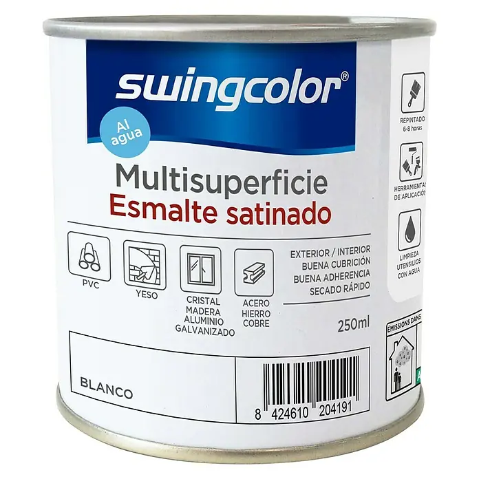 swingcolor Esmalte de color Multisuperficie - Blanco, Satinado, 250 ml, Base de agua - Bote de pintura esmalte multisuperficie Swingcolor, acabado satinado, blanco, 250ml, para PVC, yeso, vidrio, madera, aluminio, galvanizado, acero, hierro, cobre.