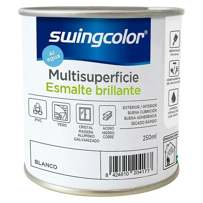 swingcolor Esmalte de color Multisuperficie - Blanco, Brillante, 250 ml, Base de agua - Bote de Swingcolor Multisuperficie Esmalte brillante en blanco, apto para diversas superficies, 250ml.