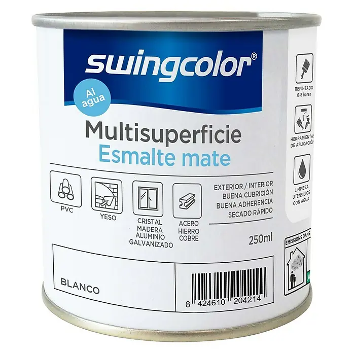 swingcolor Esmalte de color Multisuperficie - Blanco, Mate, 250 ml, Base de agua - Bote de pintura Swingcolor Multisuperficie Esmalte mate, apta para diversas superficies como PVC, madera, vidrio y metales.