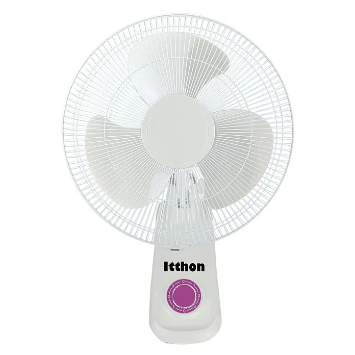 Ventilador de pared Fresco - Blanco, 40 cm - Primer plano de un ventilador Ithhon blanco con tres velocidades y un mando morado.