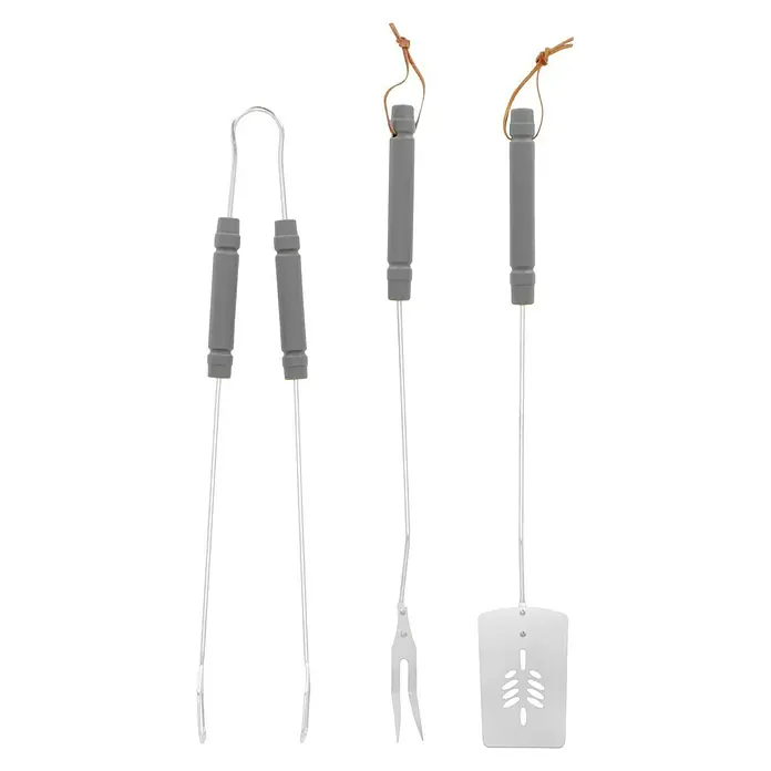 Grillstar Grillbesteck Set - Verchromter Stahl, 3 -tlg. - Grillbesteck-Set bestehend aus Zange, Gabel und Pfannenwender mit grauen Griffen und Lederschlaufen zum Aufhängen.