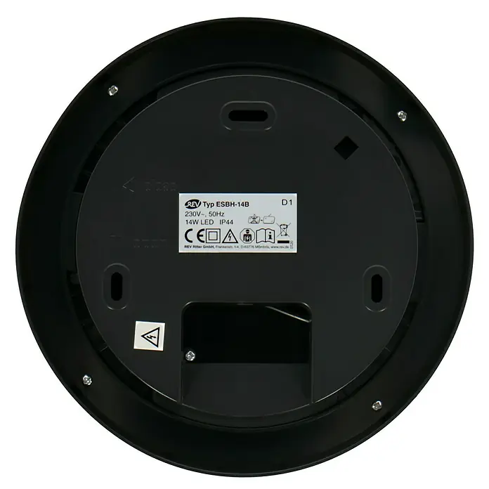 Ritter Leuchten LED-Deckenleuchte rund - 14 W, Schwarz, Tageslichtweiß - Aufnahme der Unterseite einer REV Typ ESBH-14B Lampe, die technische Details wie 230V und 14W LED Leistung zeigt.