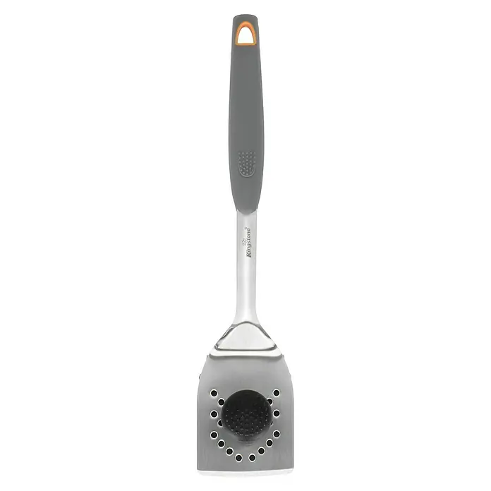 Kingstone Grillbesteck 3 in 1 - 2 -tlg. - Das Bild zeigt einen grauen und silbernen Küchenwender von Kingstone mit einem Lochmuster und einem Griffloch.