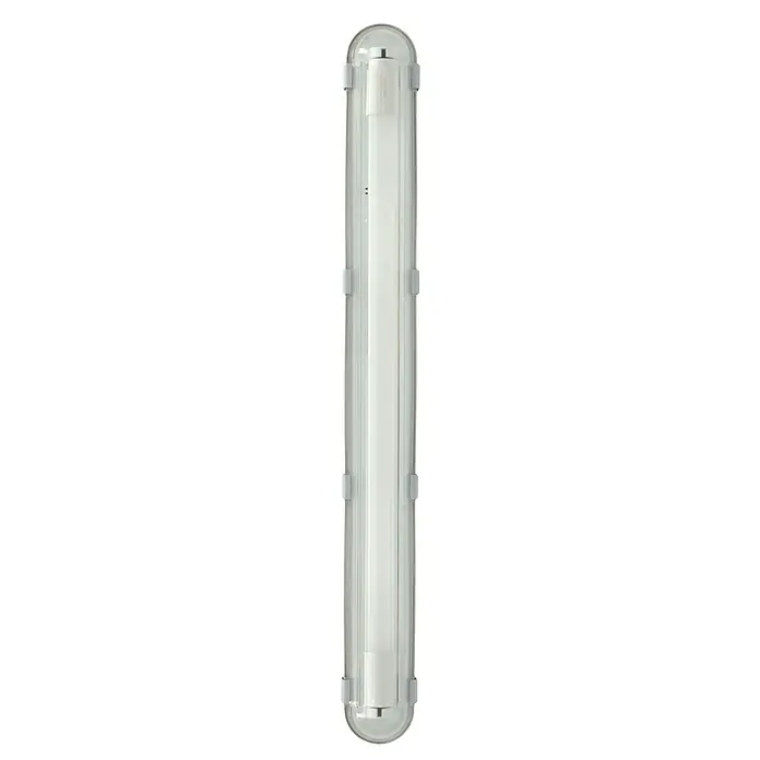 Voltolux Tira de luz LED antihumedad LED - L x An x Al: 66,5 x 6,6 x 7,3 cm, Color de luz: Blanco neutro, 9 W, IP65 - Primer plano de una luz LED alargada en forma de tubo con carcasa transparente y accesorios blancos. La luz emitida es uniforme y brillante.