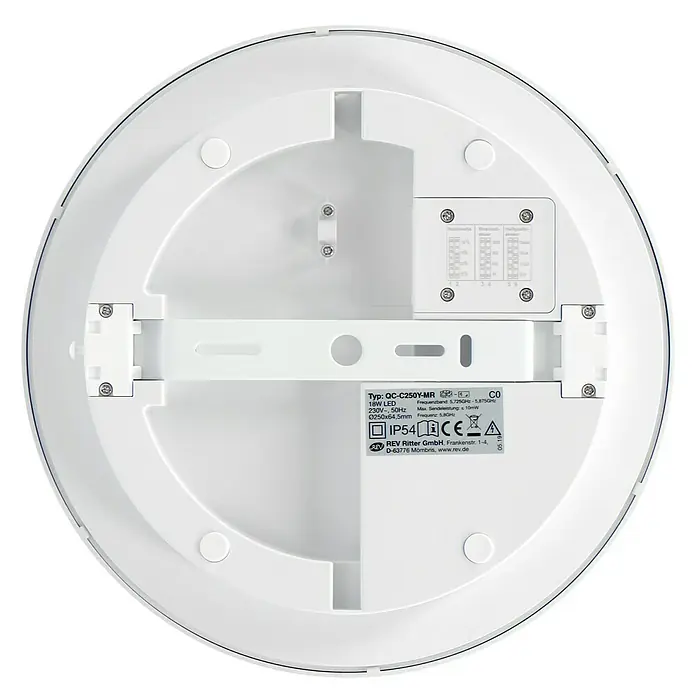 Ritter Leuchten LED-Deckenleuchte rund Senso - Bewegungsmelder, 18 W, Ø x H: 250 x 64,5 mm, Weiß, Neutralweiß - Nahaufnahme der weißen REV Ritter QC-C250Y-MR LED-Deckenleuchte mit technischen Details und Zertifizierungen auf dem Gehäuse.