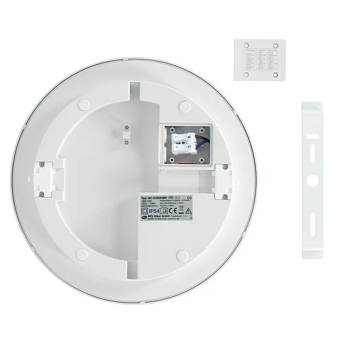 Ritter Leuchten LED-Deckenleuchte rund Senso - Bewegungsmelder, 18 W, Ø x H: 250 x 64,5 mm, Weiß, Neutralweiß - Aufnahme des runden, weißen LED-Deckenleuchte QC-C250Y-MR mit Zubehör zur Montage, die eine einfache Installation ermöglicht.