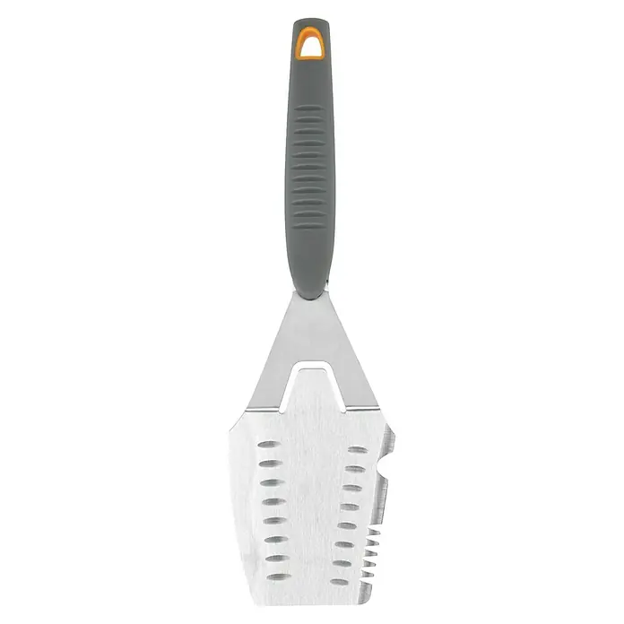 Kingstone Grillgutwender - Länge: 34,8 cm - Abgebildeter Grillspatel mit grauem Griff und orangefarbener Aufhängung. Das Werkzeug zum Reinigen des Grillrosts ist aus Edelstahl gefertigt.