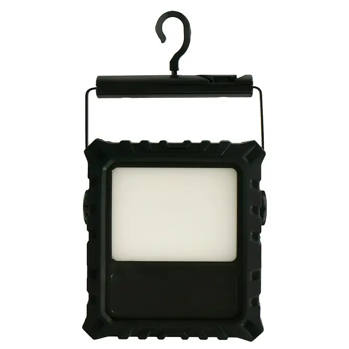 Profi Depot LED-Strahler - 10 W, 700 lm, 4.000 K, L x B x H: 5,8 x 15,7 x 22,4 cm, IP65 - Eine schwarze Arbeitsleuchte mit Haken zum Aufhängen und einem hellen, rechteckigen Lichtpaneel. Ideal für Werkstatt und Baustelle.
