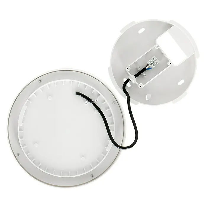 Ritter Leuchten LED-Deckenleuchte rund - 14 W, Weiß, Tageslichtweiß - Nahaufnahme einer weißen Deckenleuchte, die ihre interne Verkabelung und ihr Gehäuse zeigt.