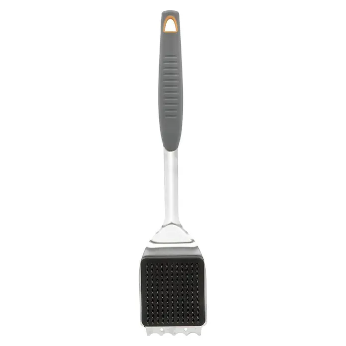 Kingstone Grillbesteck 3 in 1 - 2 -tlg. - Nahaufnahme eines Fleischklopfers aus Edelstahl mit grauem Griff und Aufhängeloch.
