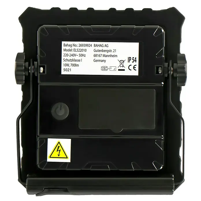 Profi Depot LED-Strahler - 10 W, 700 lm, 4.000 K, L x B x H: 5,8 x 15,7 x 22,4 cm, IP65 - Rückansicht einer schwarzen BAHAG AG Arbeitsleuchte, Modell EL522010, mit technischen Details und Warnhinweisen auf dem Etikett.