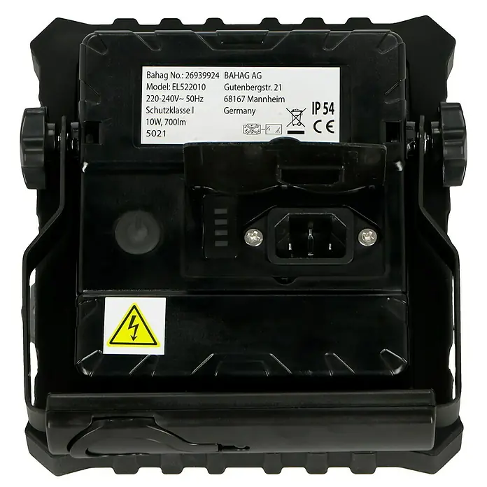 Profi Depot LED-Strahler - 10 W, 700 lm, 4.000 K, L x B x H: 5,8 x 15,7 x 22,4 cm, IP65 - Aufnahme der Rückseite einer schwarzen BAHAG AG-Lampe, die Details zu Modell, Stromversorgung und Konformitätskennzeichnungen zeigt.