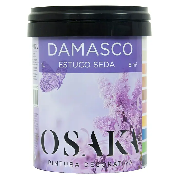 Osaka Yeso con efecto de color estuco Terciopelo Damasco - Plata, 1 l, Mate - Primer plano de un cubo de pintura Osaka Damasco, que ofrece una solución de revestimiento decorativo para interiores.