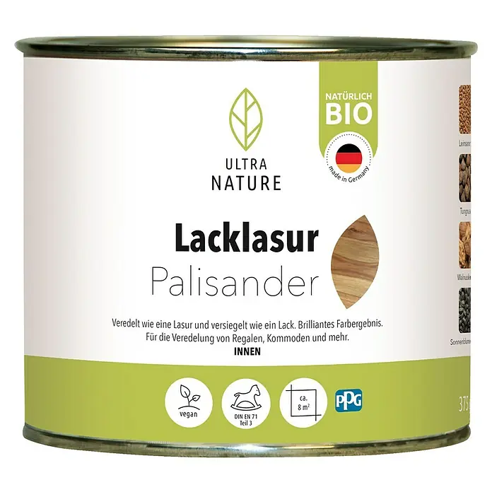 Ultra Nature BIO Lacklasur - Palisander, 375 ml, Seidenglänzend - Dose Ultra Nature Lacklasur Palisander, ein veganes, bio-zertifiziertes Produkt für die Veredelung von Möbeln und mehr mit brillantem Farbergebnis.