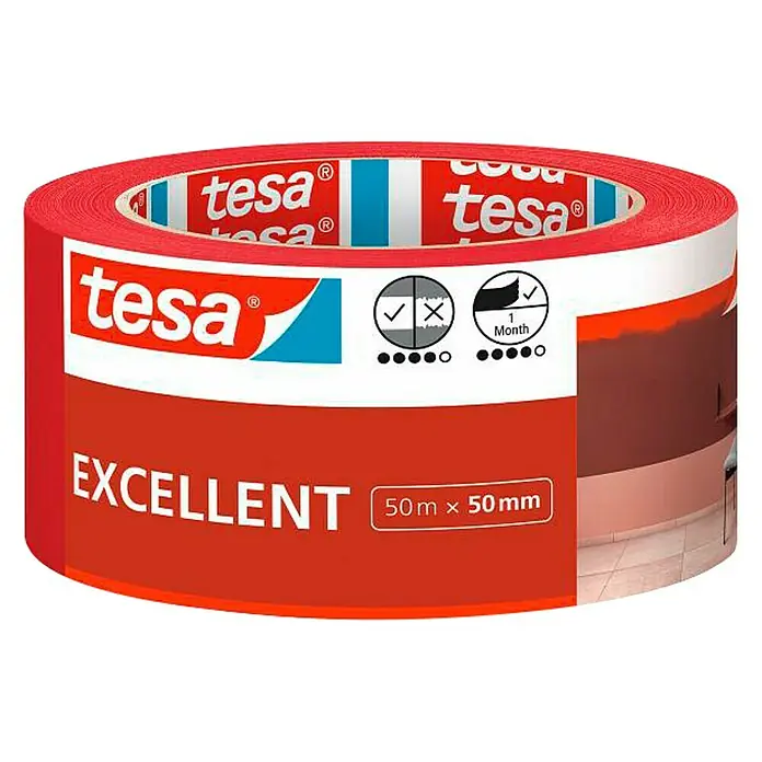 Tesa Cinta de pintor Excellent - 50 m x 50 mm, Beige - Rollo de cinta de enmascarar Tesa Excellent, 50 mm x 50 m, para trabajos de pintura precisos y limpios.