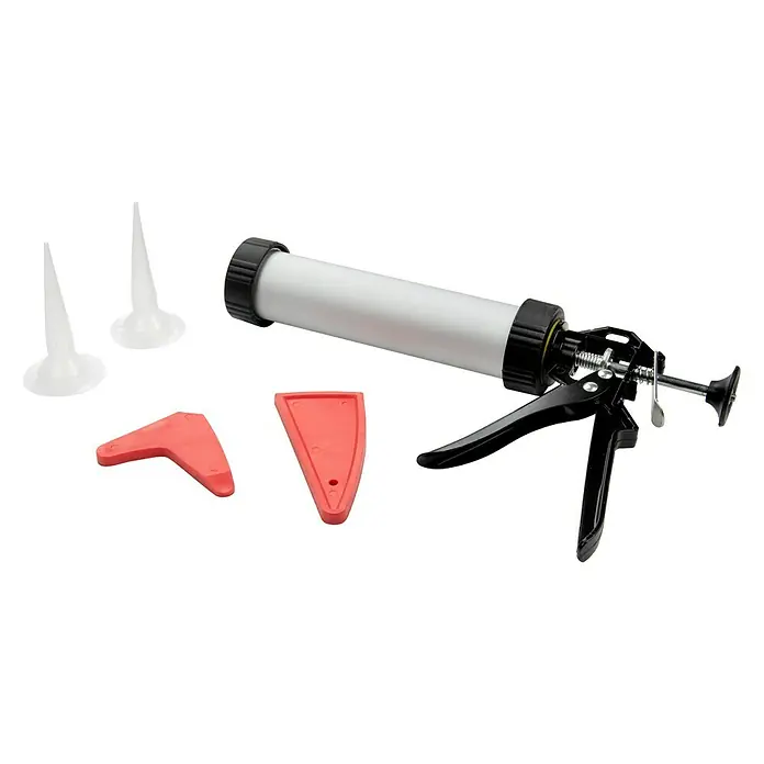 Alpha Tools Kartuschenpressen-Set5 -tlg. - Eine Detailaufnahme einer Silikonspritze mit verschiedenen Aufsätzen und Abziehern, die auf einem schwarzen Hintergrund liegen.
